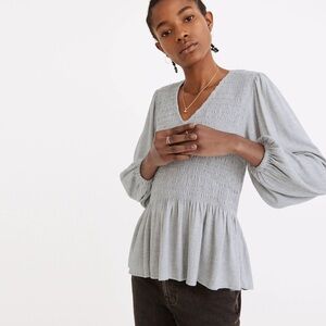Madewell Lucie V-Neck Smocked Peplum Top in Wool Gauze